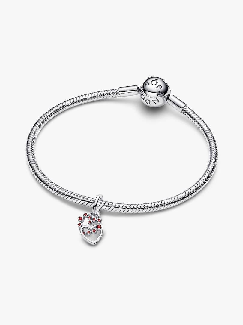 Connected Hearts & Red Stones Dangle Charm Sterling silver