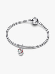 Connected Hearts & Red Stones Dangle Charm Sterling silver