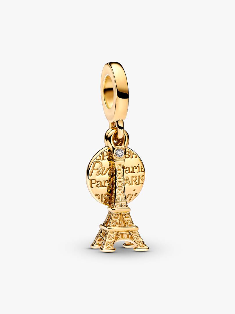 Paris Eiffel Tower Lab-Grown Diamond Engravable Double Dangle Charm 0.009 ct TW, 14k gold plating