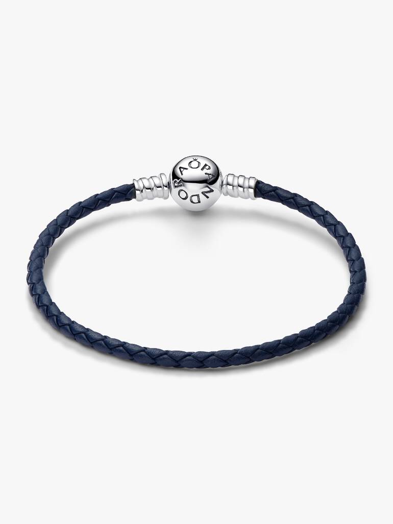 FINAL SALE - Pandora Moments Round Clasp Blue Braided Leather Bracelet Sterling silver