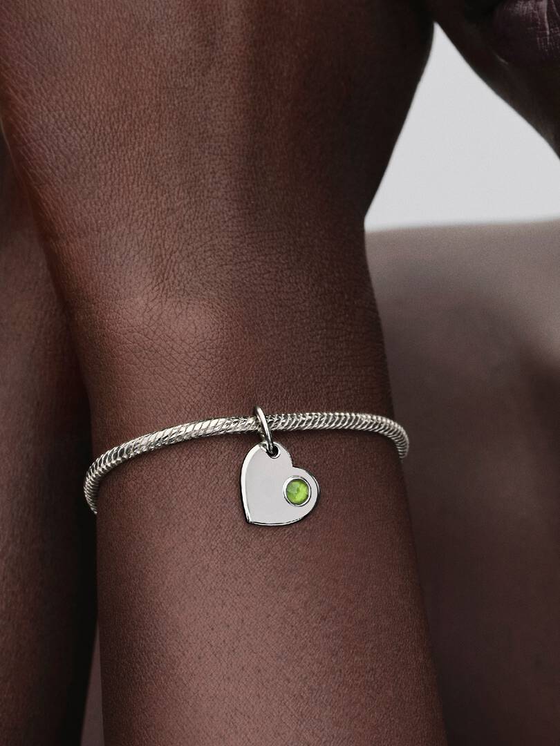August Engravable Heart Spring Green Stone Dangle Charm Sterling silver