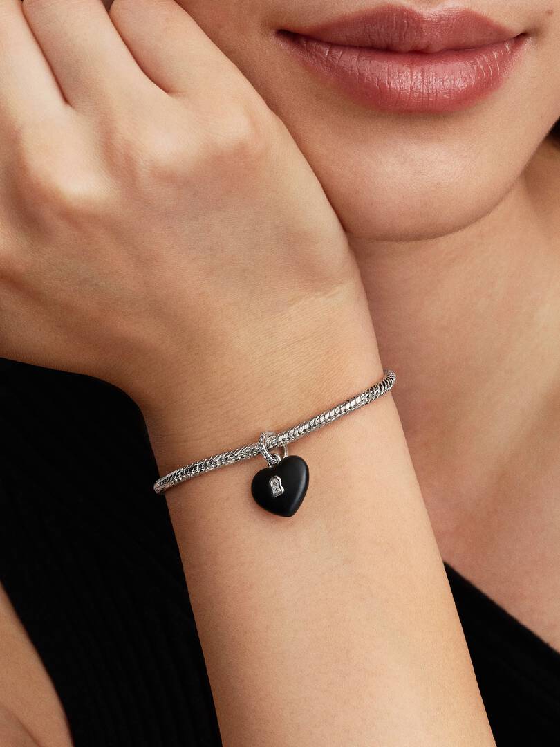 Matte Black Ceramic Heart Padlock Dangle Charm Sterling silver