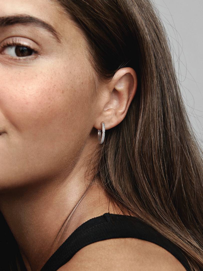 Sparkle and Pandora Logo Hoop Earrings Sterling silver