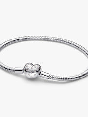 Pandora Sterling Silver Lab-grown Diamond Heart Clasp Snake Chain Bracelet 0.51 ct TW, Sterling silver