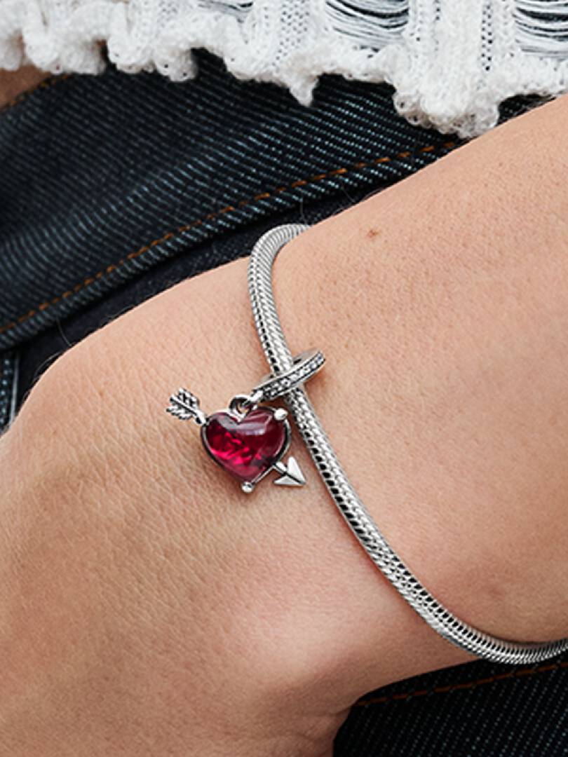 Red Heart & Arrow Murano Glass Dangle Charm Sterling silver