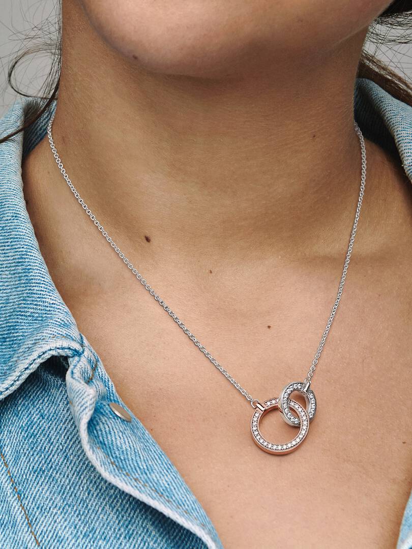 FINAL SALE - Pandora Signature Two tone Intertwined Circles Necklace Sterling silver, 14k rose gold plating