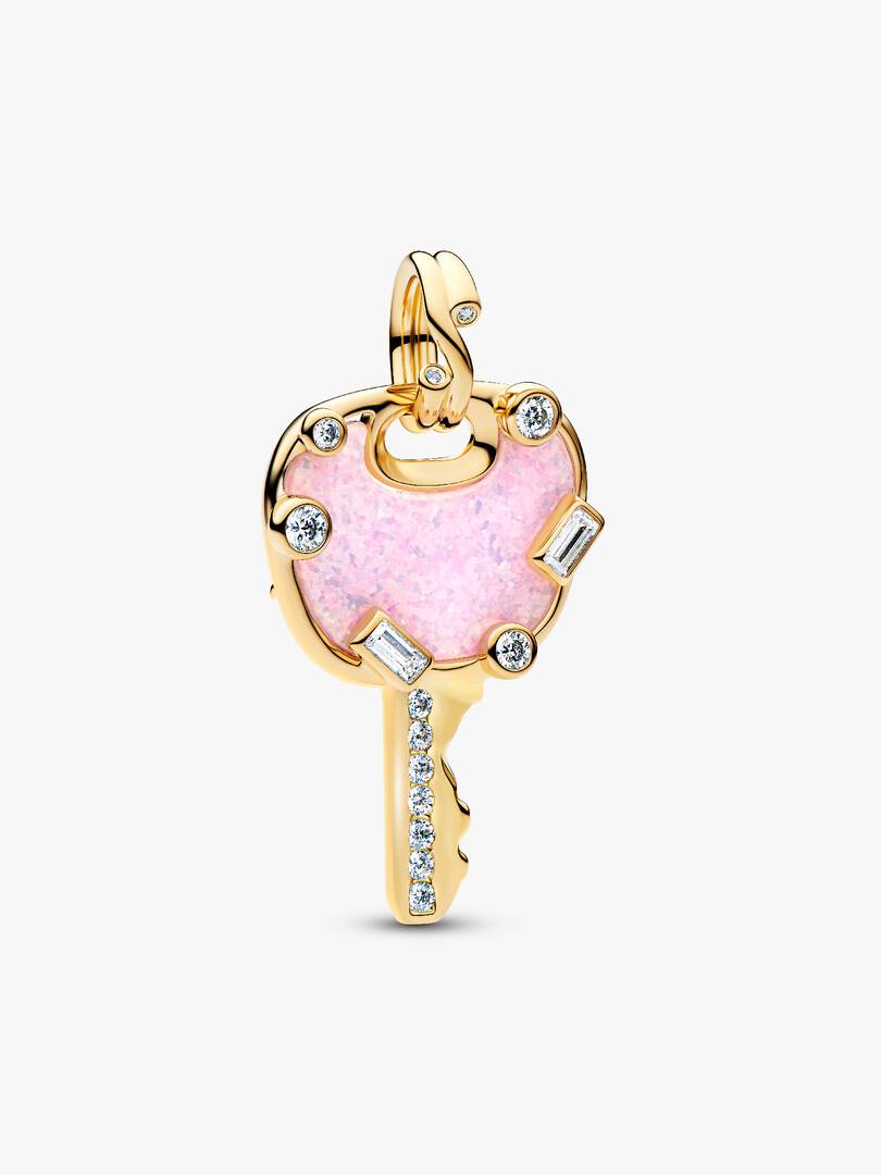 Opalescent Pink Love Key Large Dangle Charm 14k gold plating