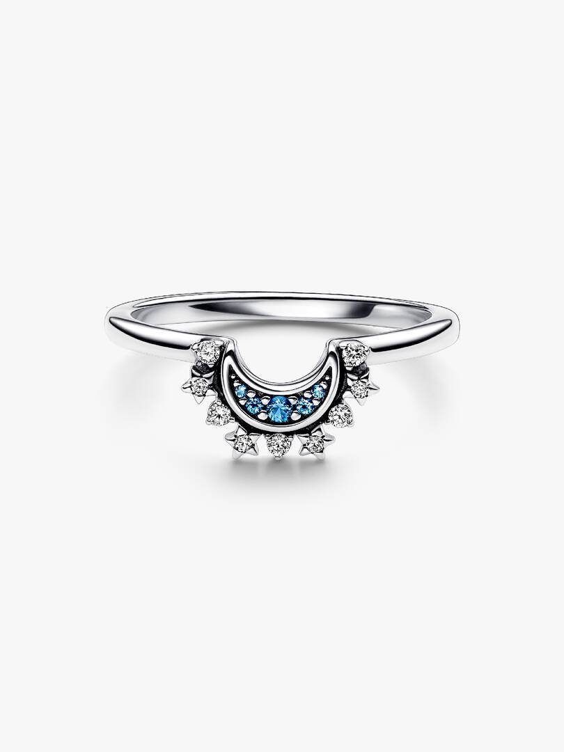 Celestial Blue Sparkling Moon Ring Sterling silver