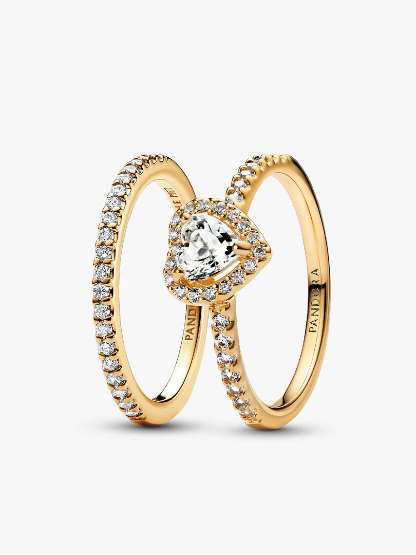 Playful Love Golden Elevated Heart Sparkling Band Ring Set 2 Quantity