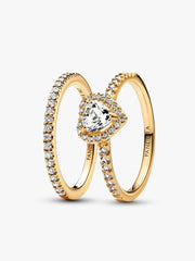 Playful Love Golden Elevated Heart Sparkling Band Ring Set 2 Quantity