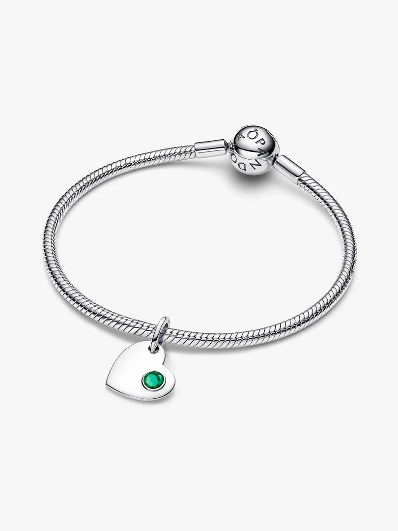 May Engravable Heart Green Stone Dangle Charm Sterling silver