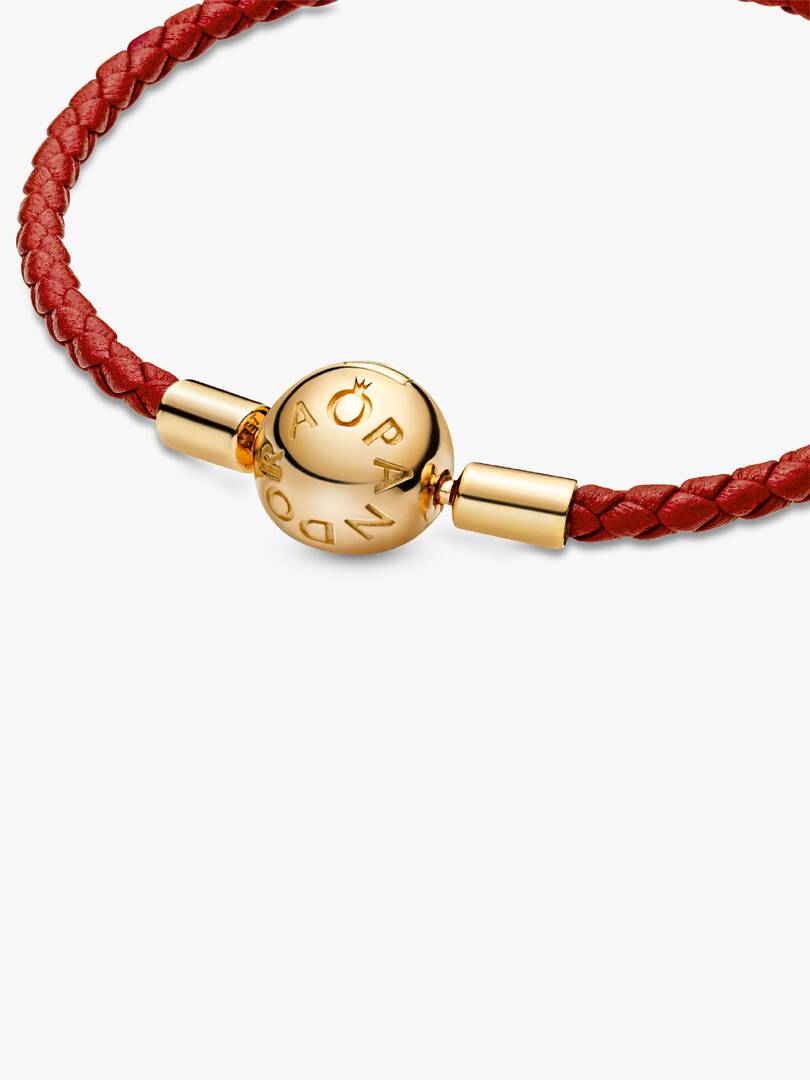 Pandora Moments Red Woven Leather Bracelet 14k gold plating